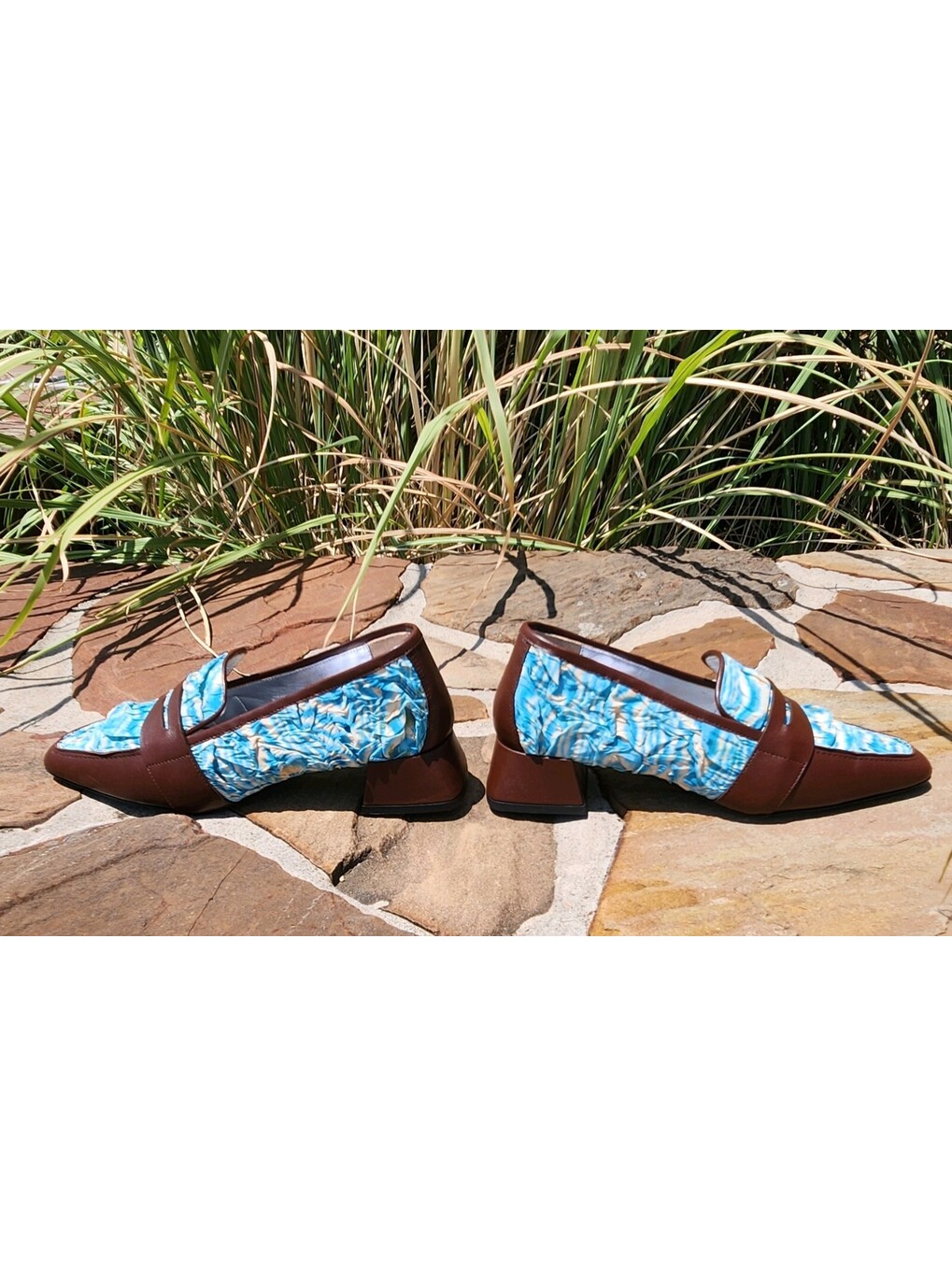 Suzanne Rae Aqua Plisse Ruffle Pointed Loafers Nwob Blue Cream Us 7 — image 3 of 6